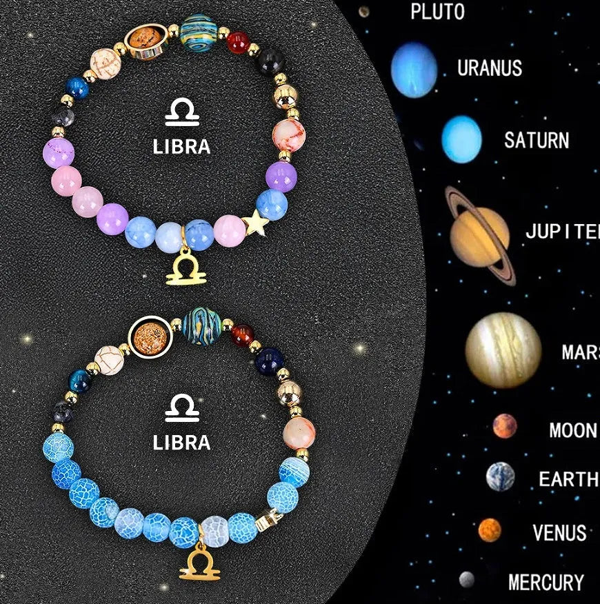 Set of twelve natural stone beaded bracelets, each with a different zodiac sign charm.