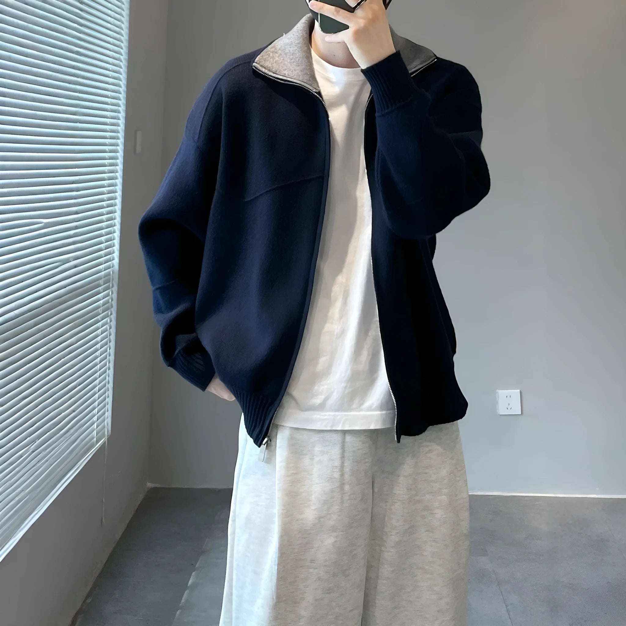 Barne style men's knitted cardigan sweater in apricot with contrast colour panels, loose fit, long sleeves, autumn casual wear