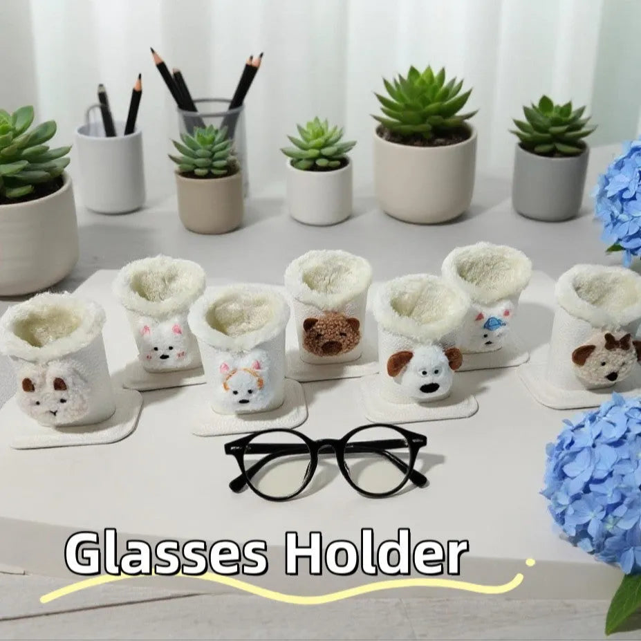 Nordic style fluffy cartoon desktop glasses storage bucket in leather with animal design, 11.6x8.1x12cm