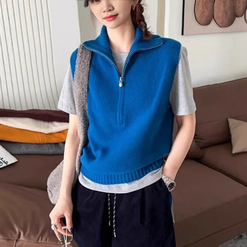 Retro half zipper sleeveless knit vest in polyester mesh fabric showing Japanese casual style