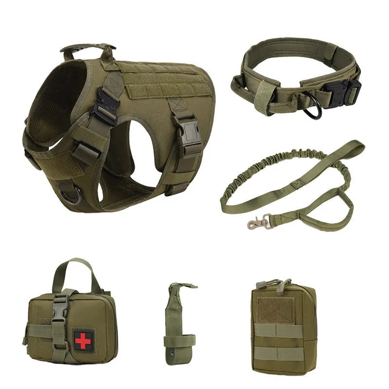 Dog wearing polyester combat training vest harness in black colour from 6-piece set
