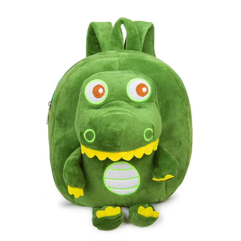 Soft blue plush dinosaur backpack for children with embroidery details and a single handle.