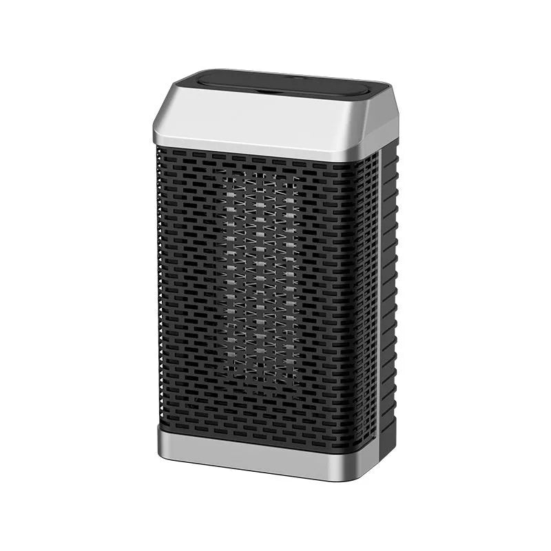 Black remote control desktop warm air blower heater with shaking head, dimensions 14.5x10x26cm