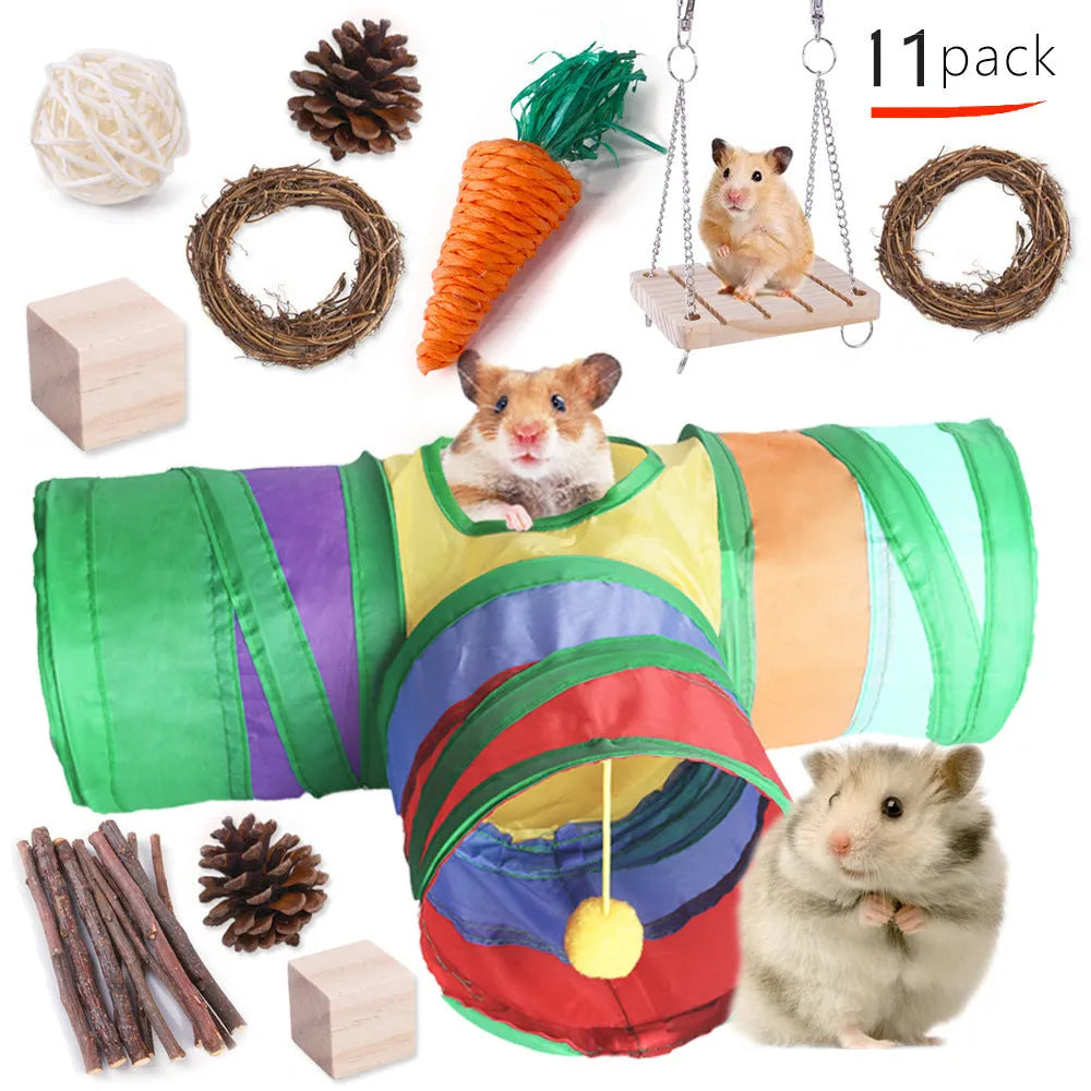 Wooden pet toy set with molar stick, straw mattress and woven balls for rabbits, guinea pigs and parrots