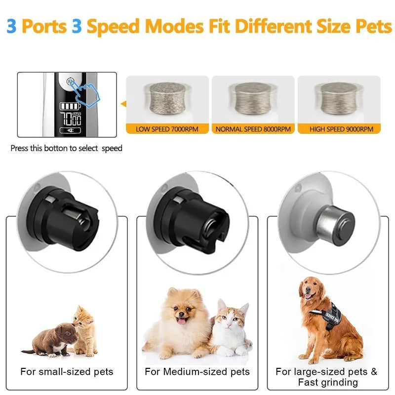 White and grey electric dog nail grinder with LED display showing speed settings and dust collection port