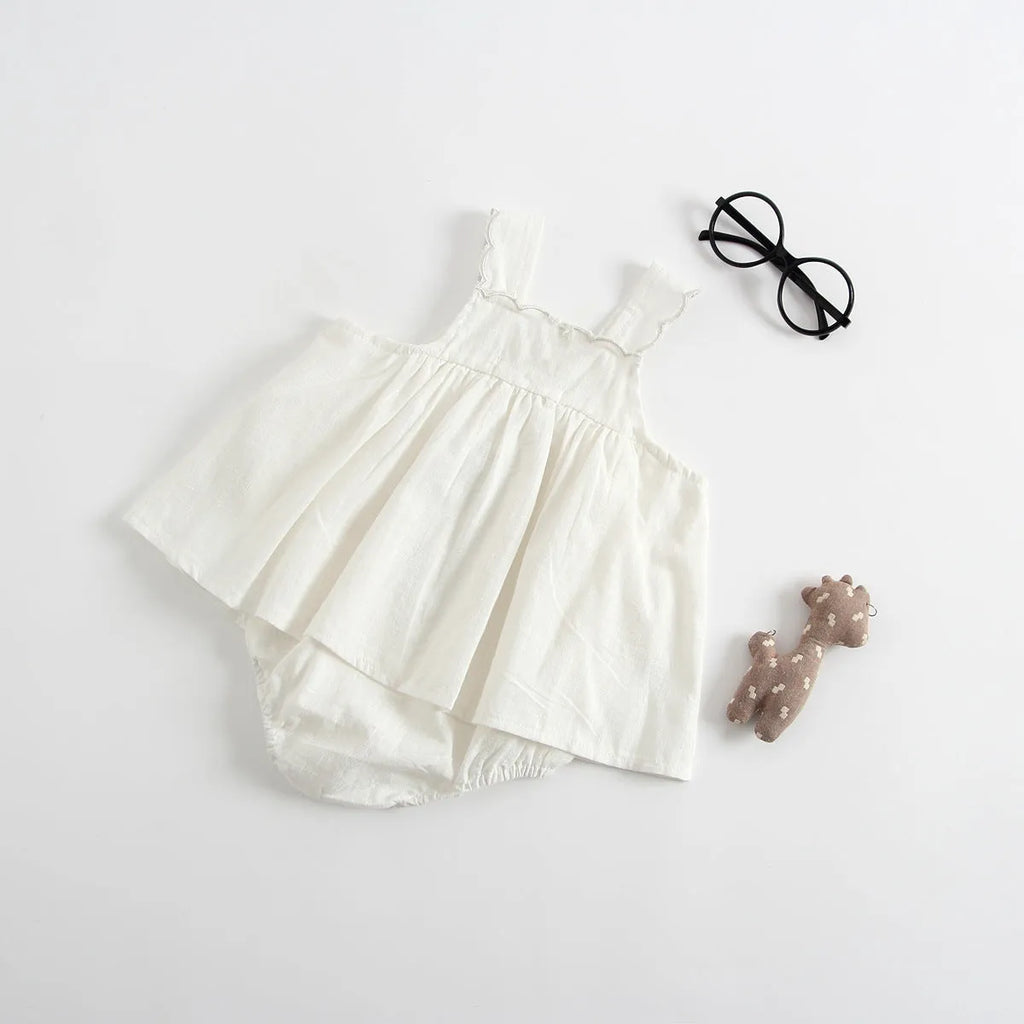 Baby romper princess dress jumpsuit in cotton, sleeveless, brown and white options for summer