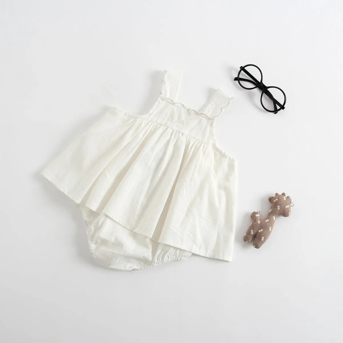 Baby romper princess dress jumpsuit in cotton, sleeveless, brown and white options for summer