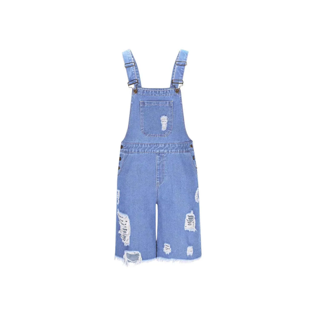 Men's dark blue ripped denim shorts with integrated suspender straps and straight-leg cut