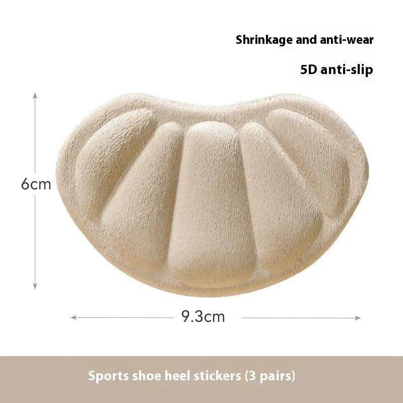 Three pairs of camel-coloured suede anti-slip heel cushion pads for sneakers.