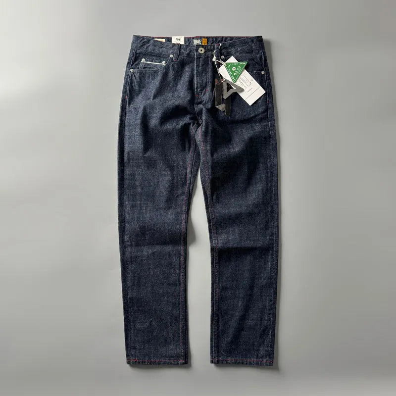 Men's straight leg denim trousers in primary colour with American retro style and mid-waist design