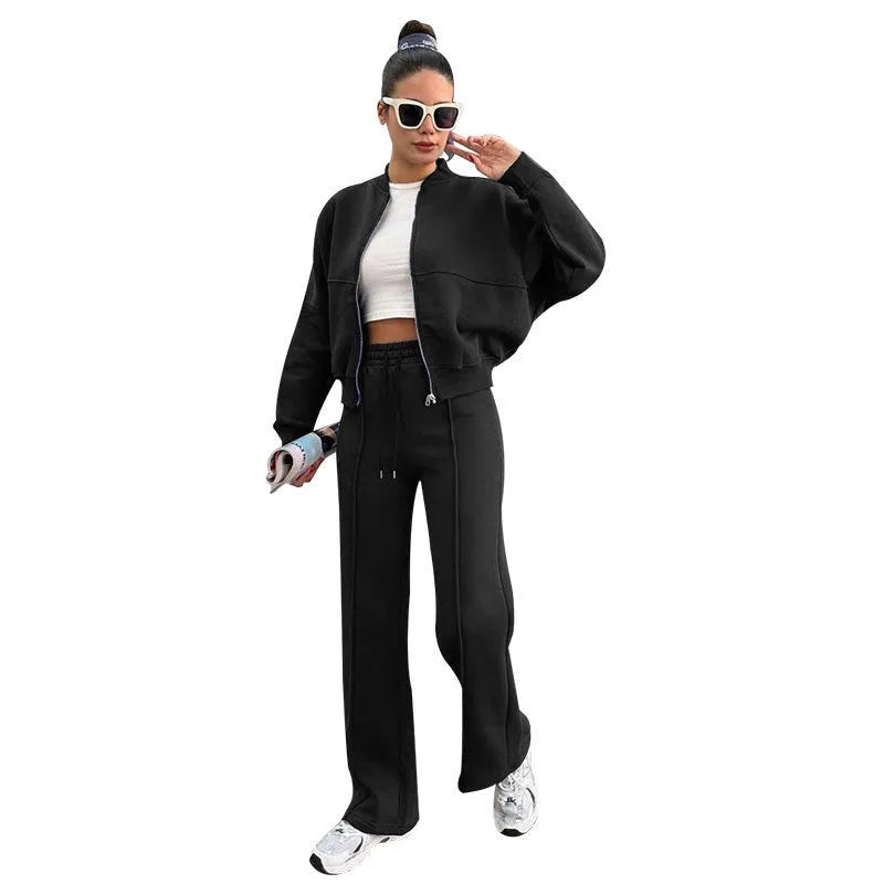 Women's fleece zipper cardigan and straight trousers suit in black, casual style with long sleeves