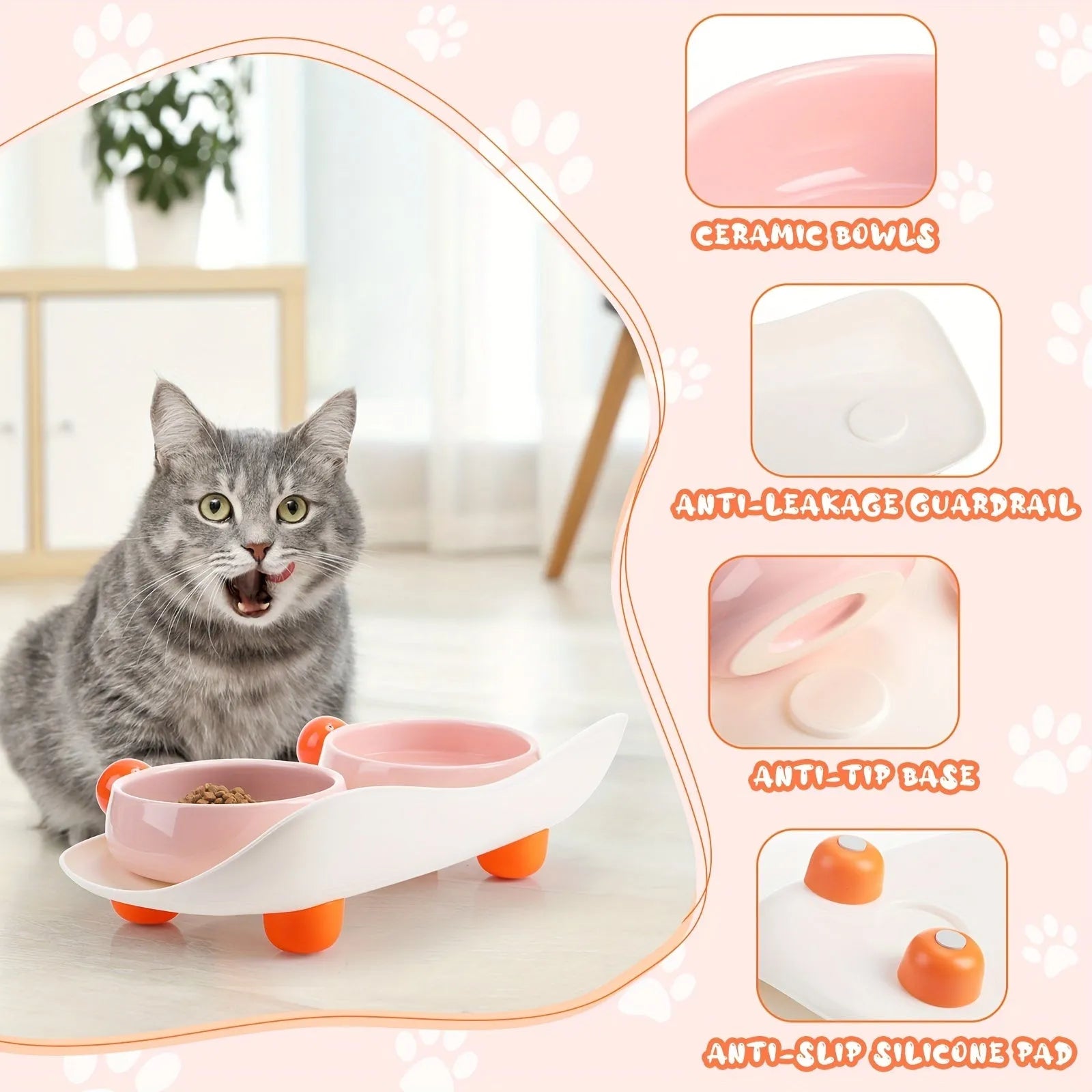 Raised ceramic double pet feeding bowl in pink, yellow, and pink yellow on a non-slip stand.