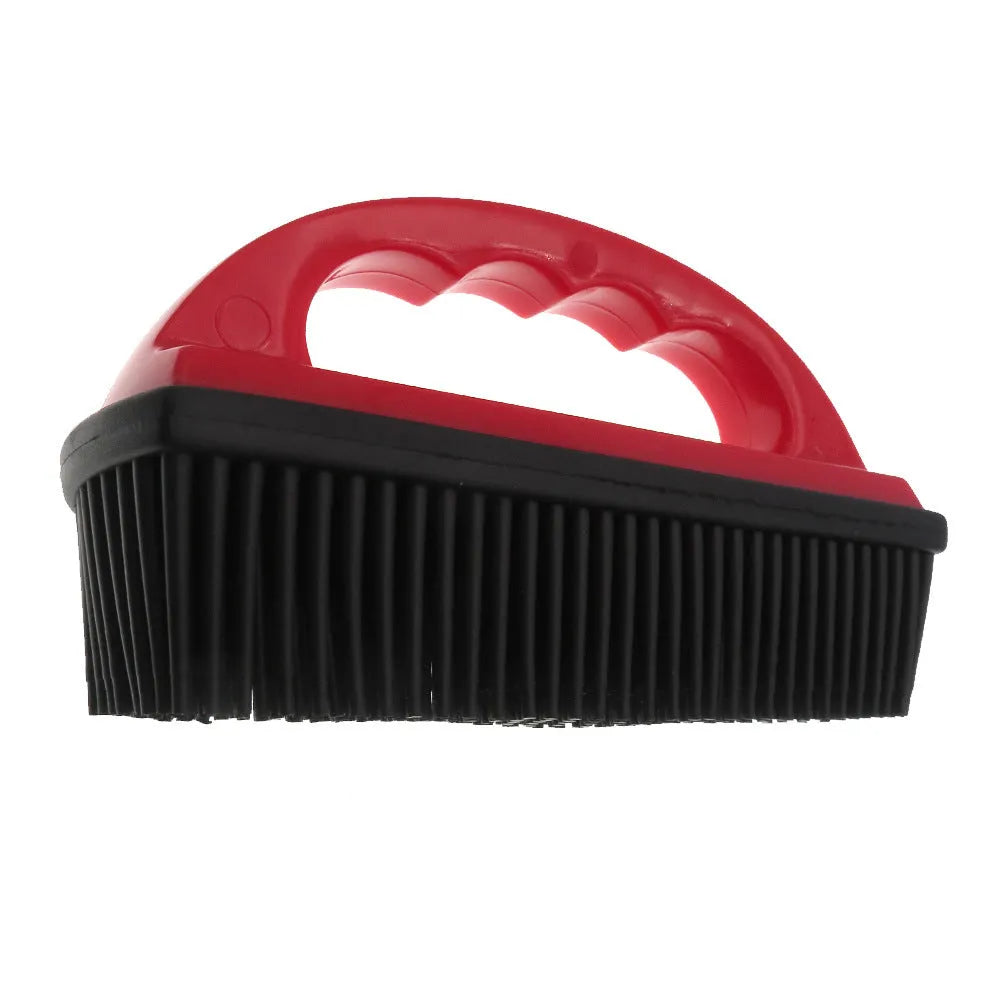 Red pet hair removal brush with rubber teeth and flexible silicone bristles measuring 160mm by 85mm