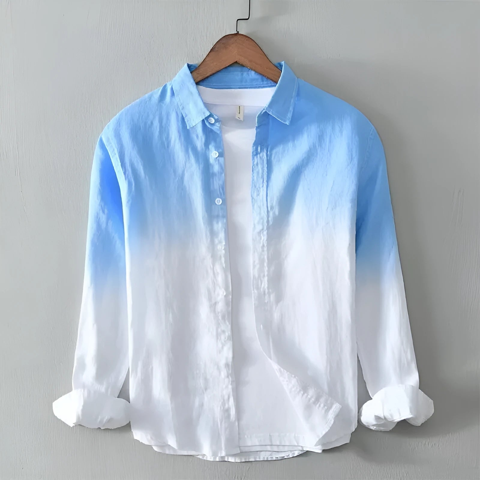 A man's casual slim-fit loose top coat in dark blue, light blue, or yellow, made from hemp and polyester.