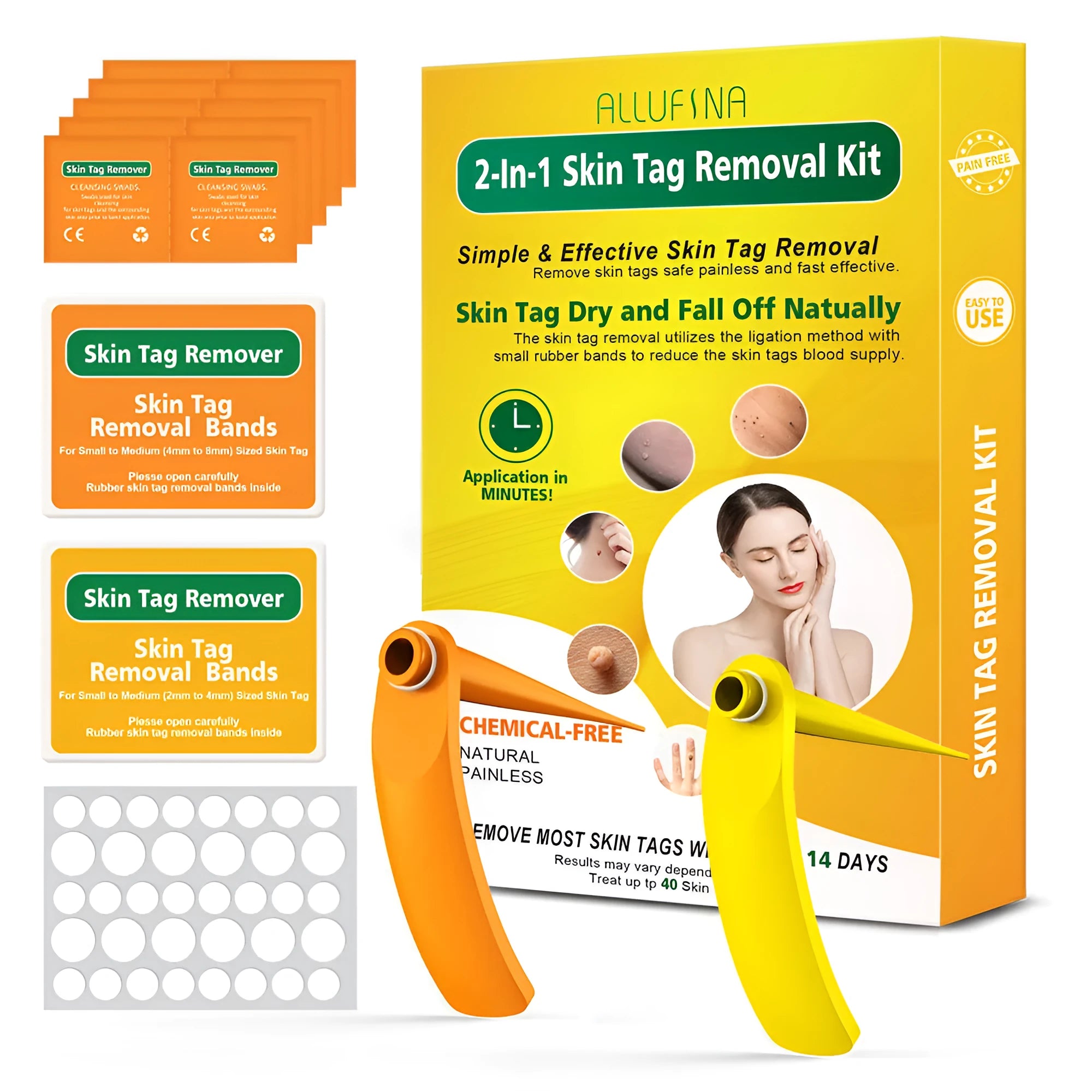 Orange-yellow wart removal tool kit with two handheld devices, rubber rings, alcohol swabs, and a repair sticker.