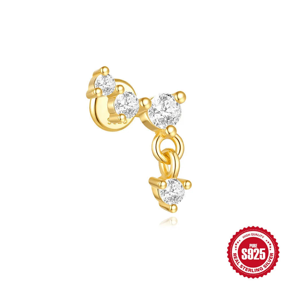 S925 sterling silver geometric moon and star earrings with diamond accents in gold-plated finish