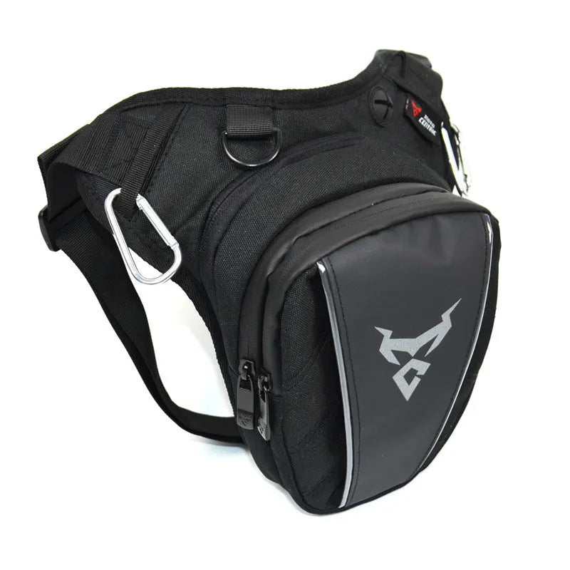 Motorcycle leg bag in 1200D Oxford cloth shown in red, worn on the leg, with adjustable straps and a 29cm x 29cm main compartment.
