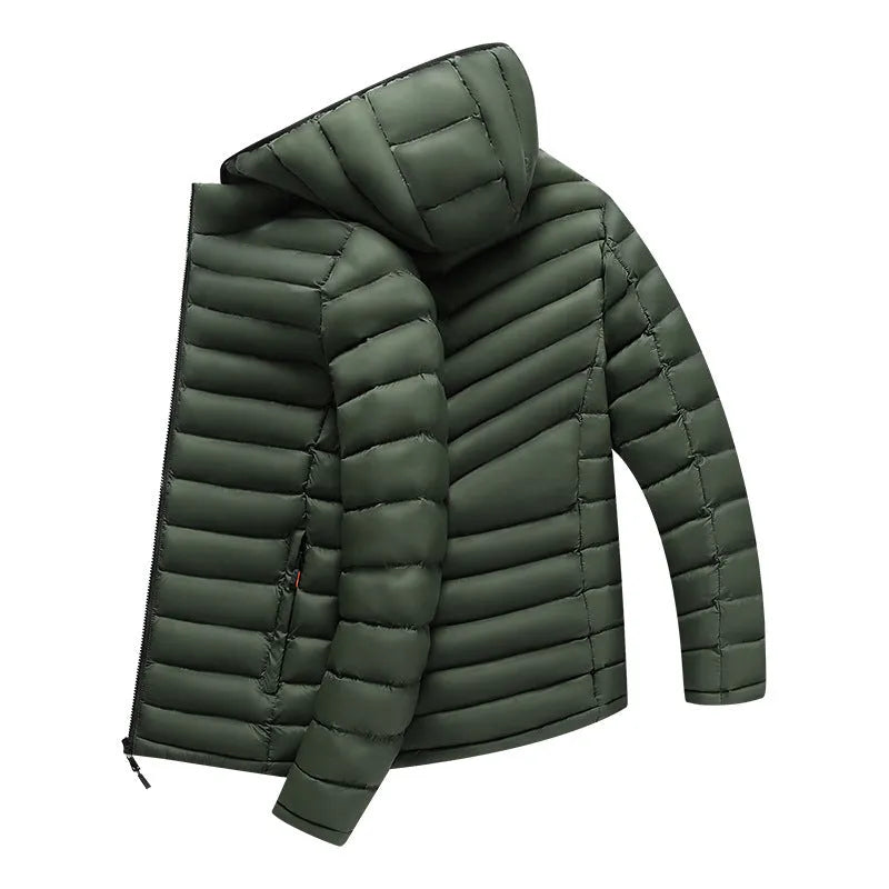 Men's lightweight black down jacket with a hood and detachable collar, showing zipper and pocket detail.