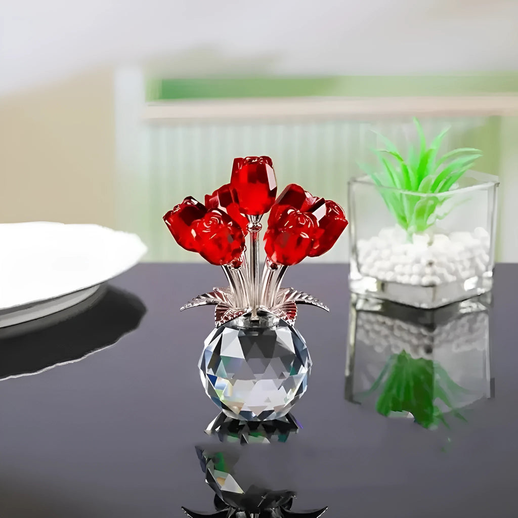 Handmade K9 crystal glass rose ornament in geometric Chinese style on a table.