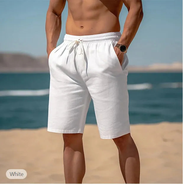Men's cotton linen drawstring summer shorts with elastic waist and straight leg in solid colour