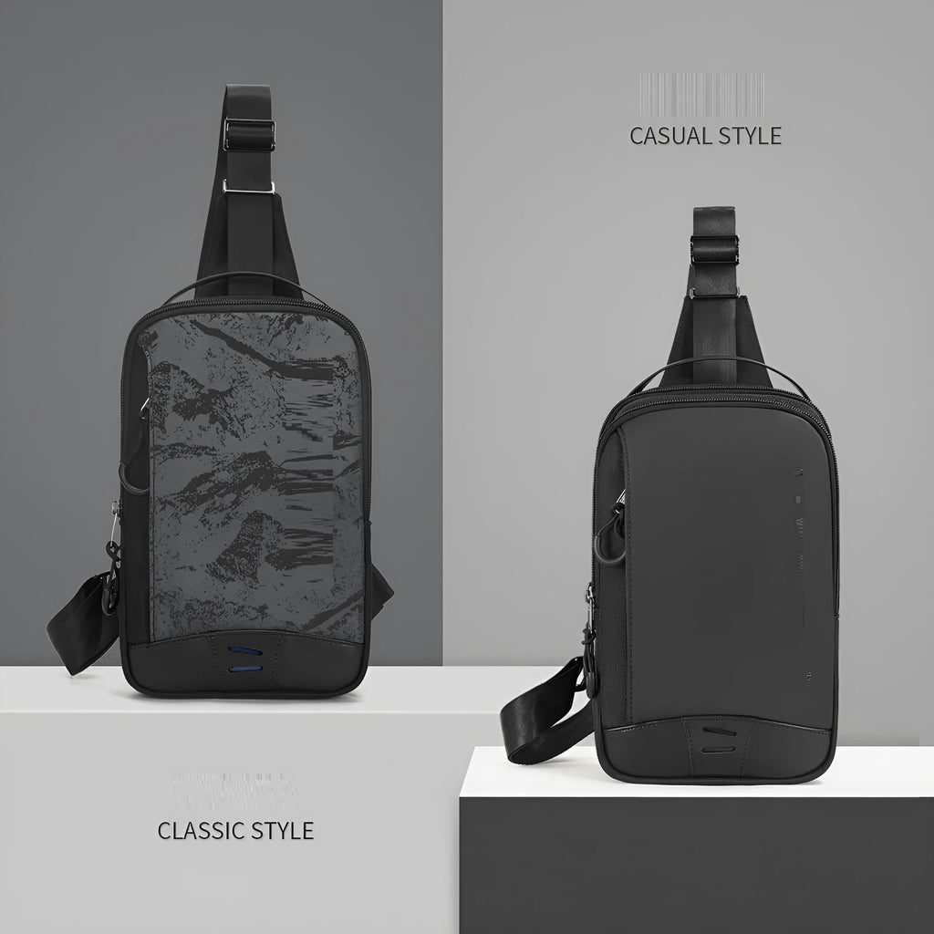 Casual black TPU chest pack with landscape pattern, soft handle, and single shoulder strap showing internal mobile phone pocket