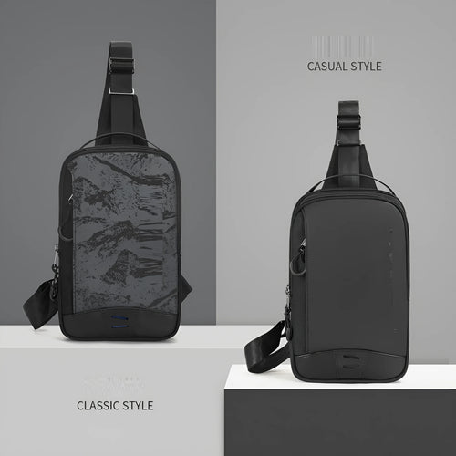 Casual black TPU chest pack with landscape pattern, soft handle, and single shoulder strap showing internal mobile phone pocket