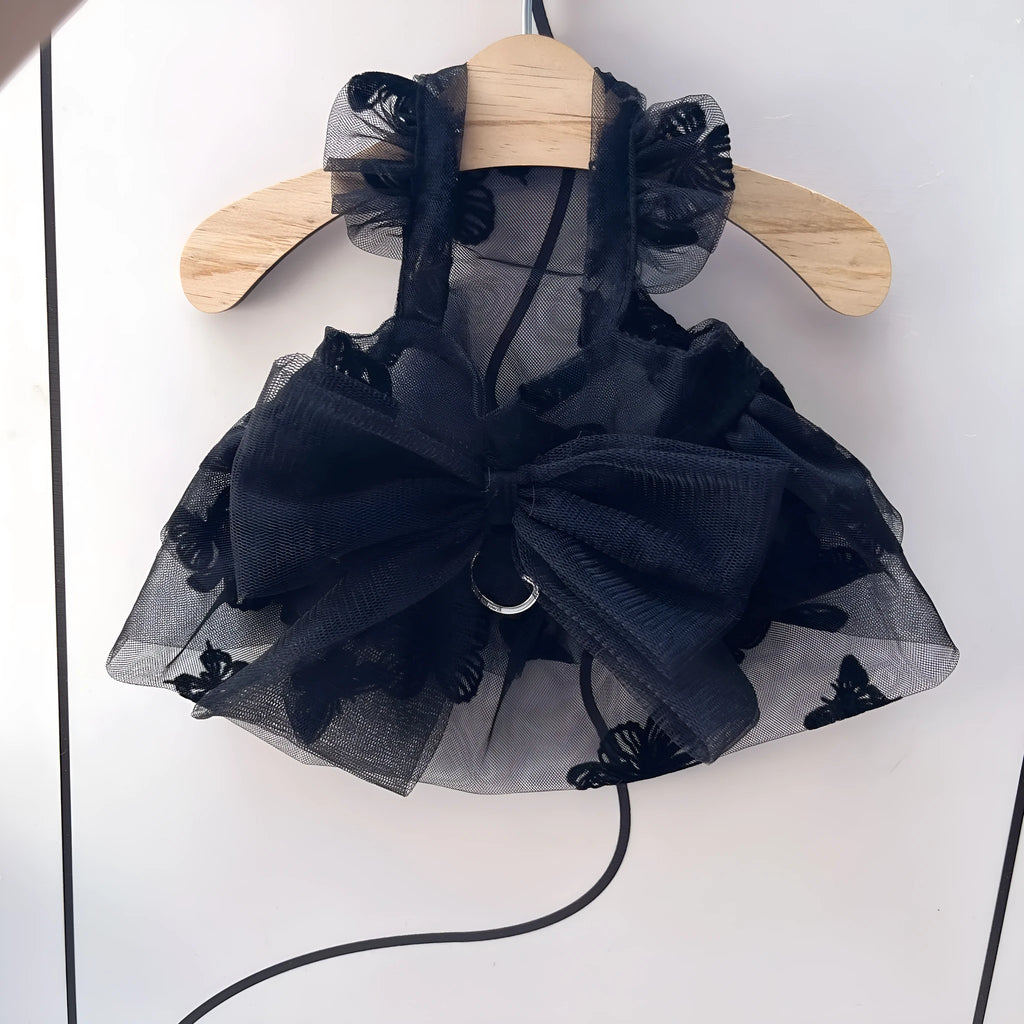 Black polyester gauze princess tulle skirt for a small dog, showing layered design.