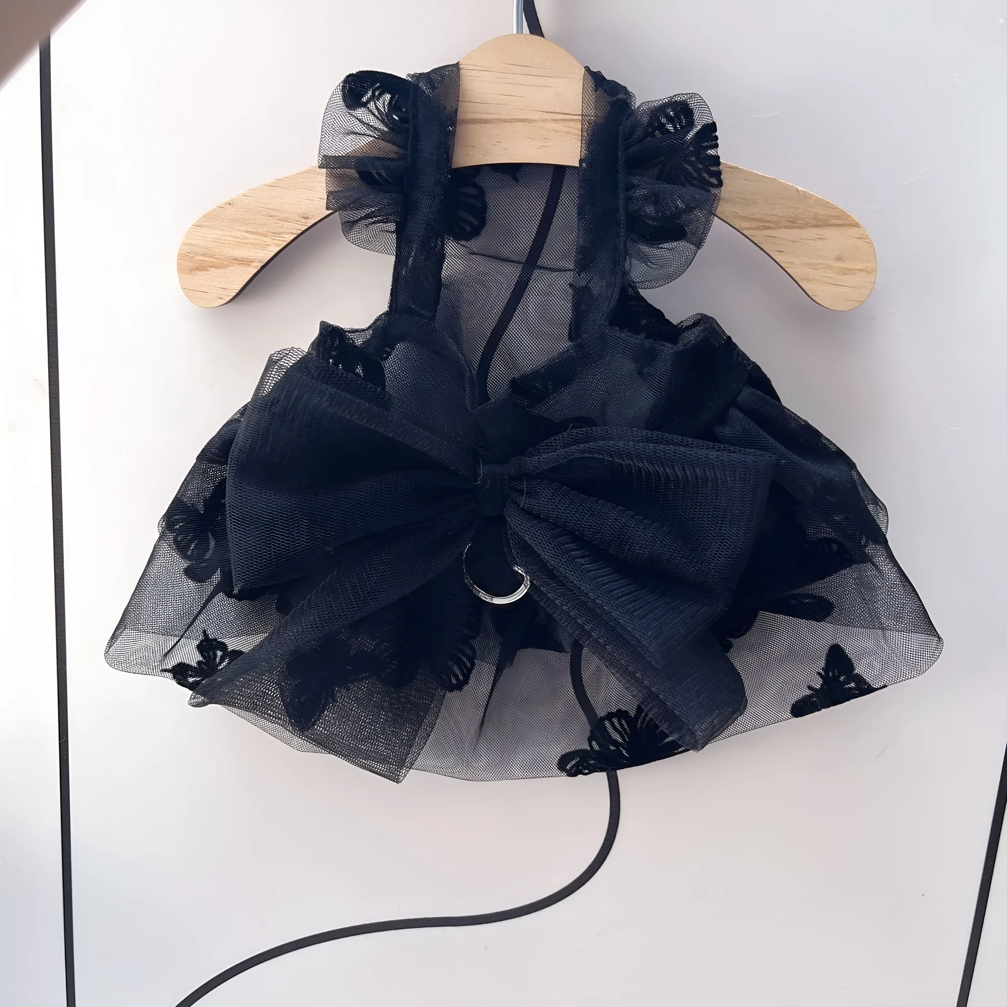Black polyester gauze princess tulle skirt for a small dog, showing layered design.