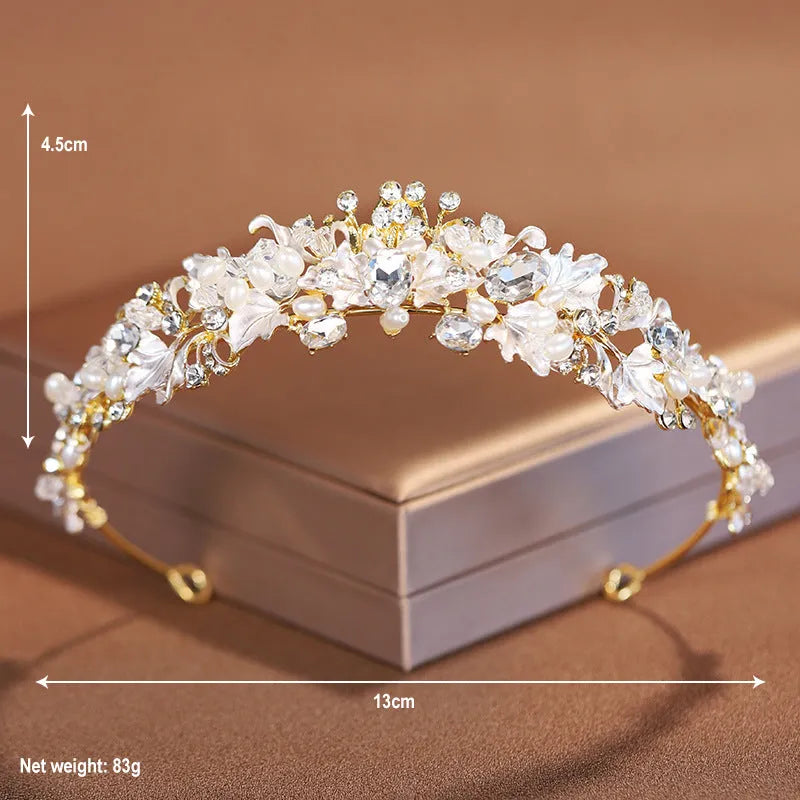 Pearl-decorated alloy crown headdress hair accessory in a gold electroplated finish.