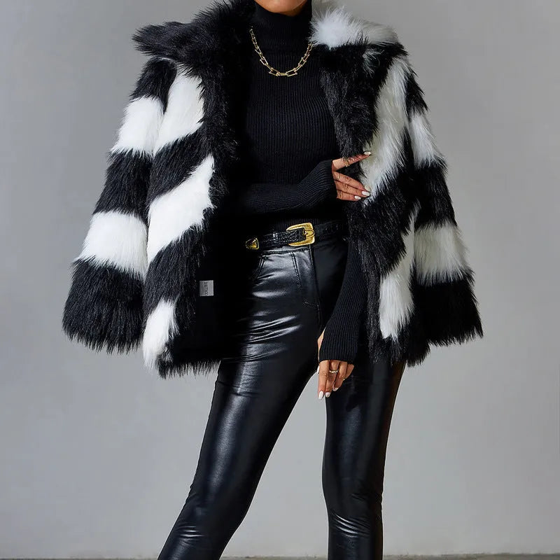 Faux fur coat with contrast colour lapel and removable fur collar in picture colour