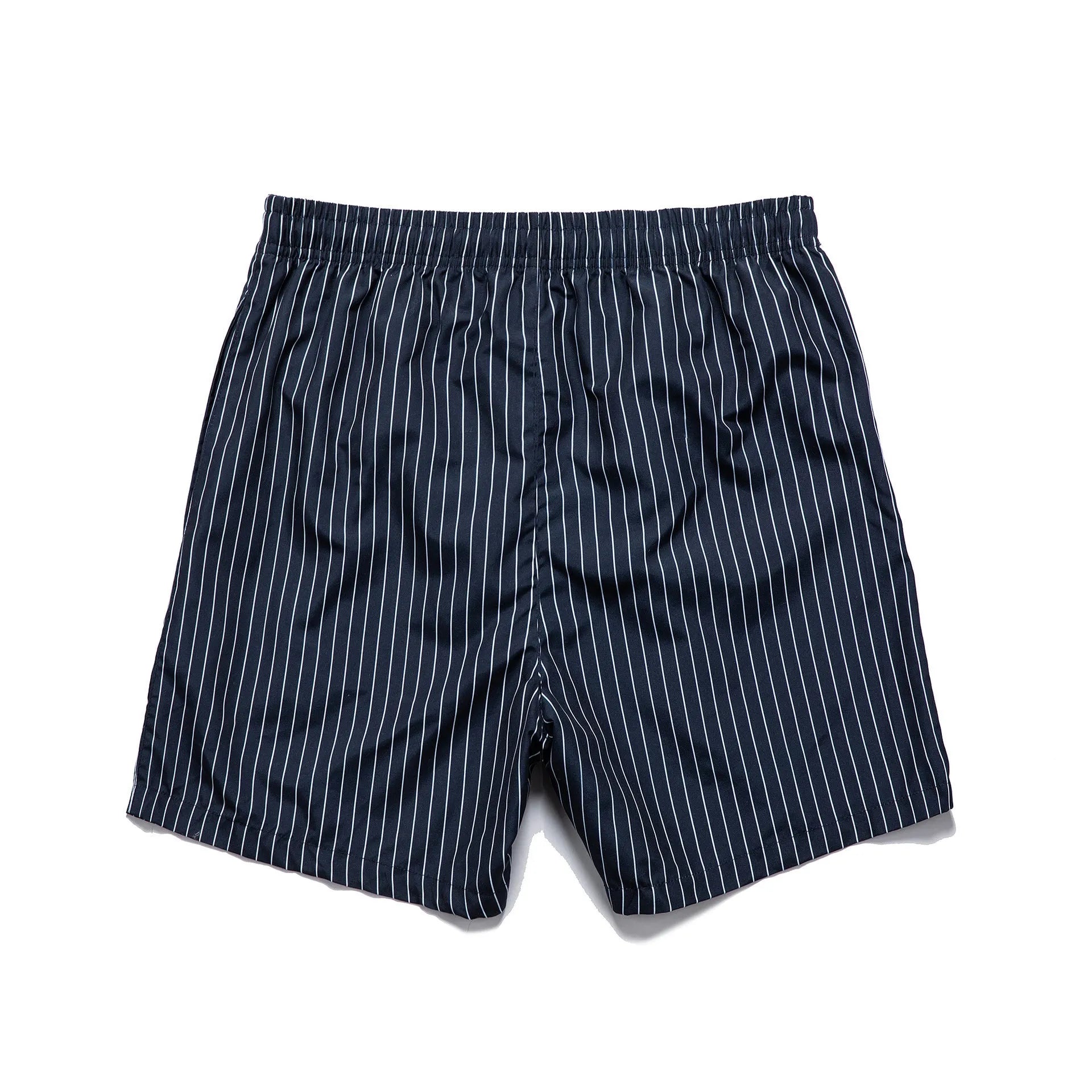 Men's striped beach shorts in navy blue, made from polyester fibre with a straight leg opening.
