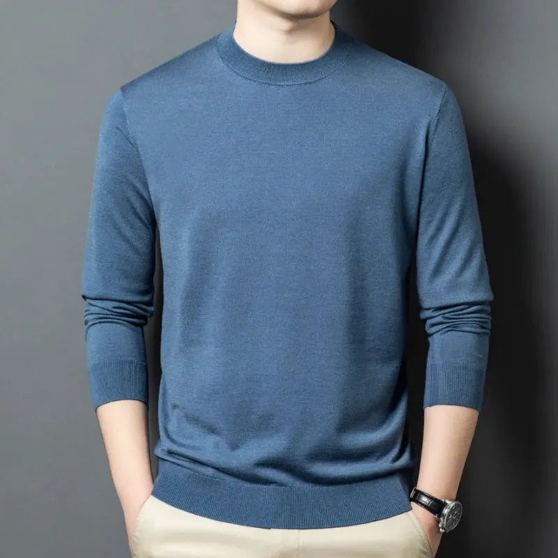 Men's round neck long sleeve wool sweater in a pullover style for winter.