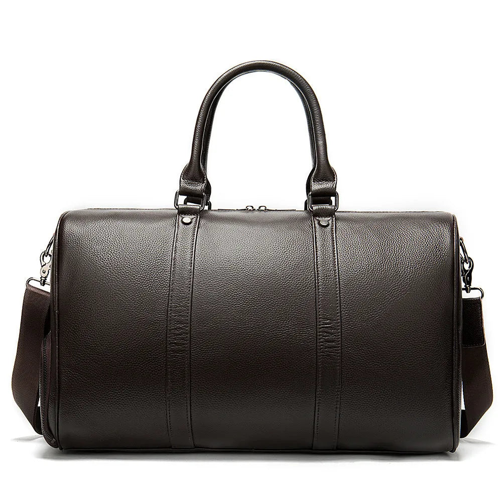 Men's black and coffee leather tote bag with single strap in 44cm and 55cm sizes.