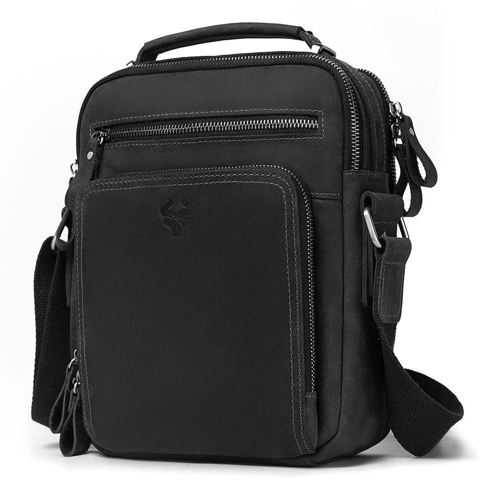 Men's brown genuine Crazy Horse leather crossbody bag with a single shoulder strap and retro sewing detail.