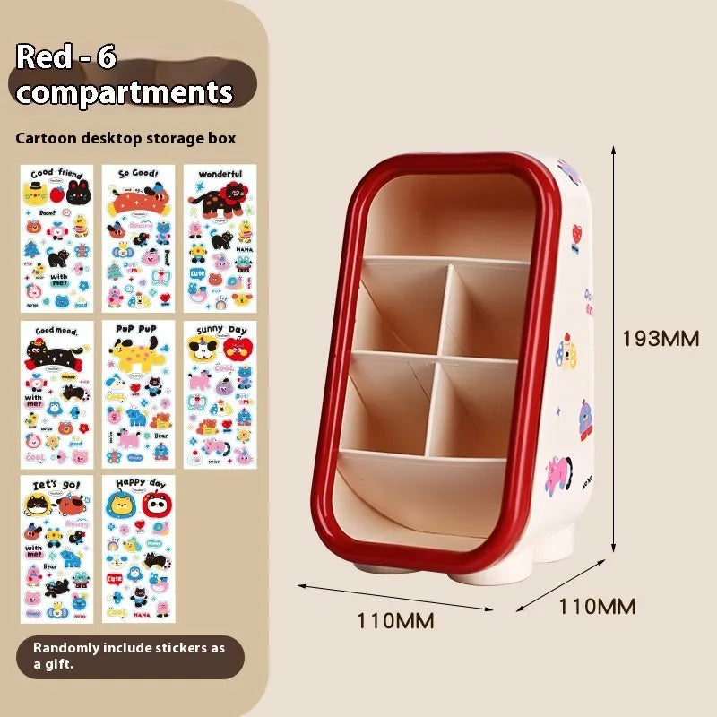 Cartoon-style red and brown plastic desktop storage box with grid compartments for organising pens and stationery.