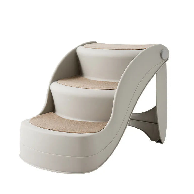 Foldable plastic pet stairs with three steps and non-slip mats in light coffee colour