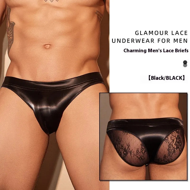 Men's black shark skin lace briefs, free size, hip-hugging style.