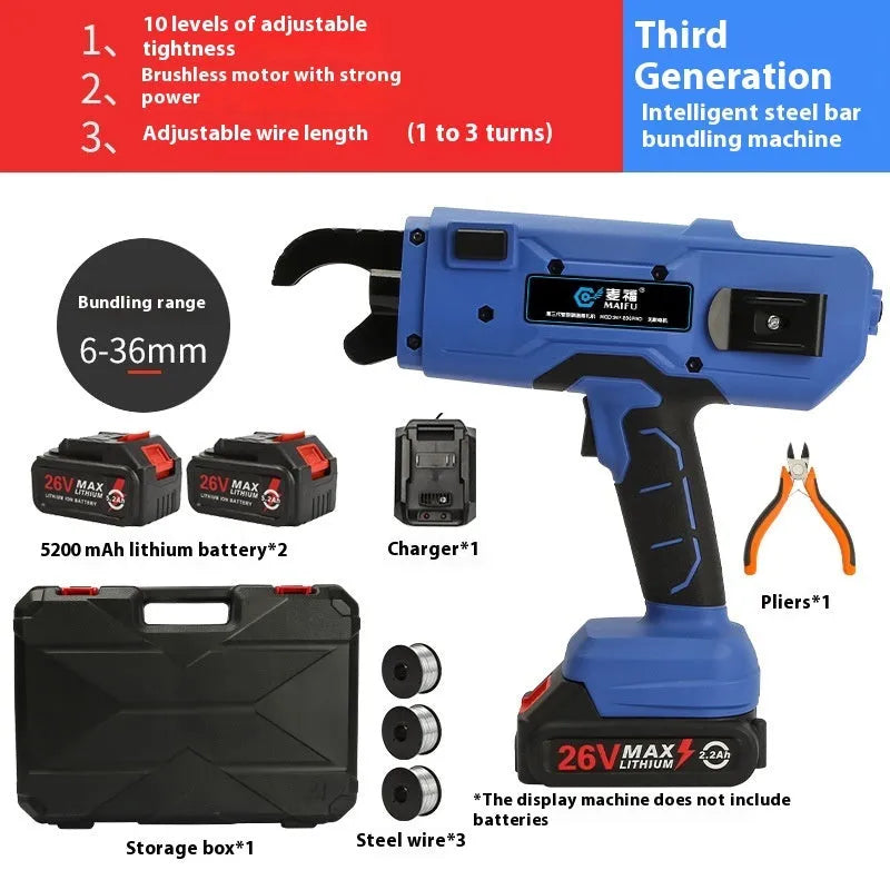 Electric steel bar tying machine with battery and charger for construction site rebar work