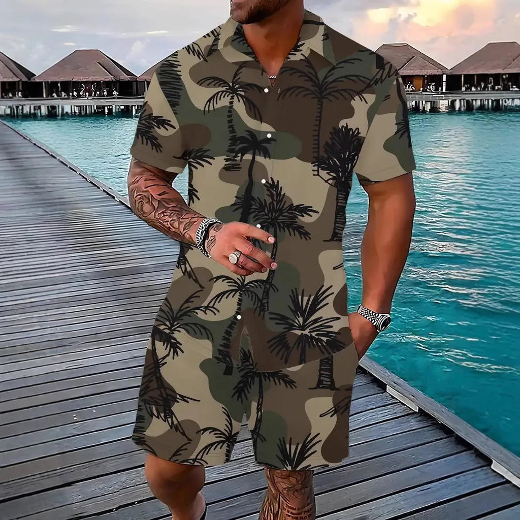 Man wearing a blue Hawaiian print short sleeve shirt and matching shorts from the casual suit set.
