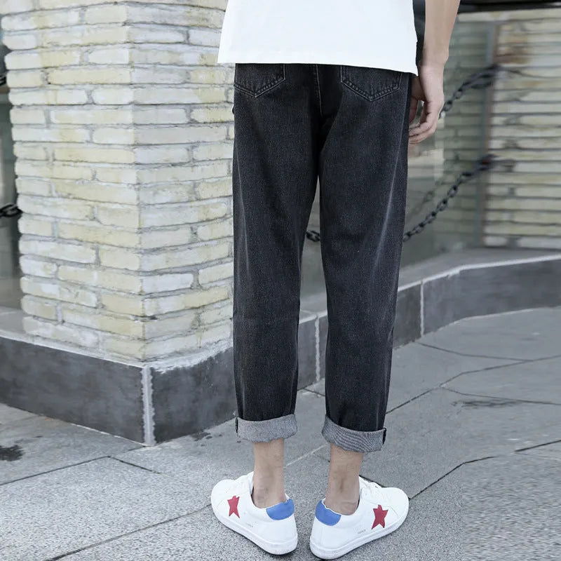 Men's black loose straight jeans with harem-style casual cut