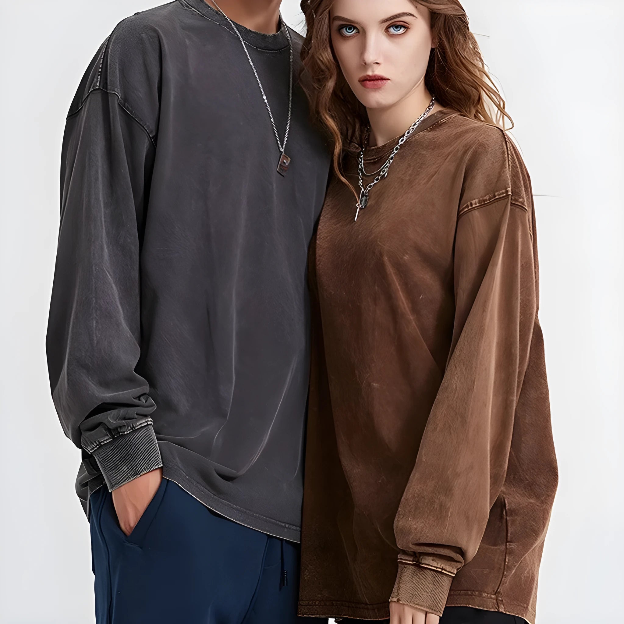 Man wearing a vintage washed batik-colour cotton long sleeve pullover with a loose, relaxed fit.