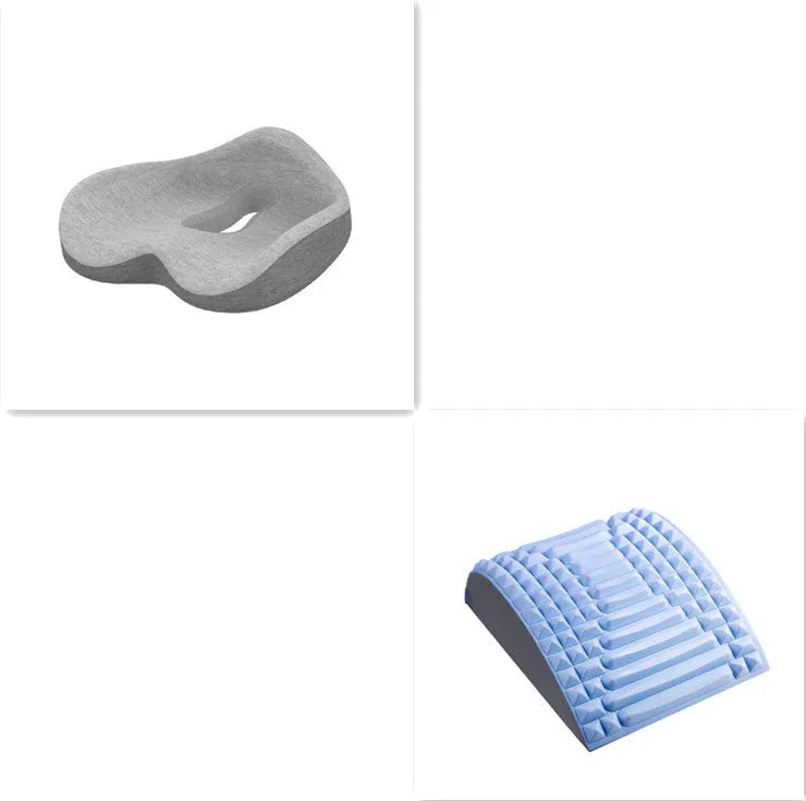 Memory foam seat cushion in light grey and navy blue on an office chair, 43x36x14cm