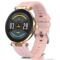 Smart watch with blood pressure and heart rate monitoring on a silicone wristband, shown in black, pink, and silver colour options.