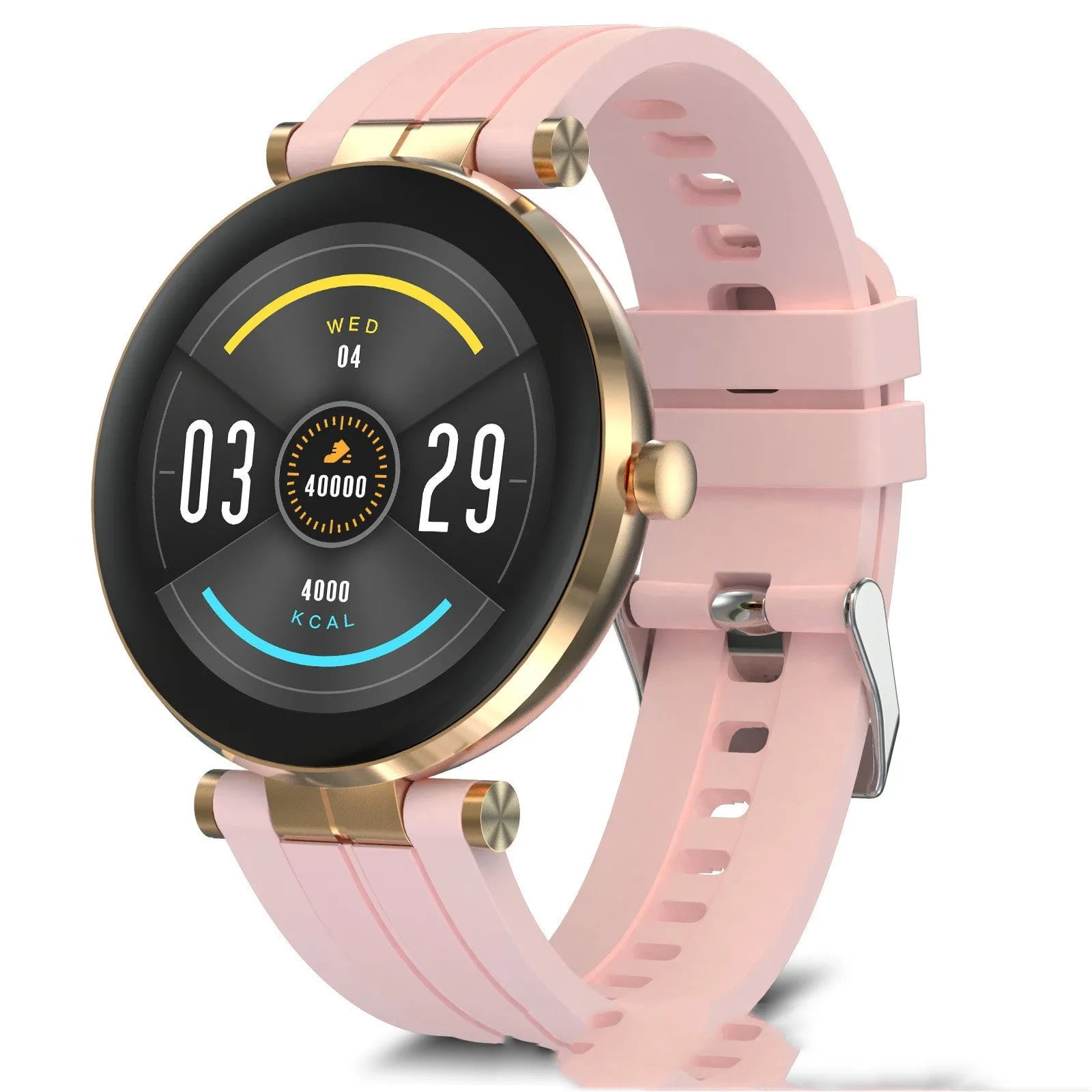 Smart watch with blood pressure and heart rate monitoring on a silicone wristband, shown in black, pink, and silver colour options.