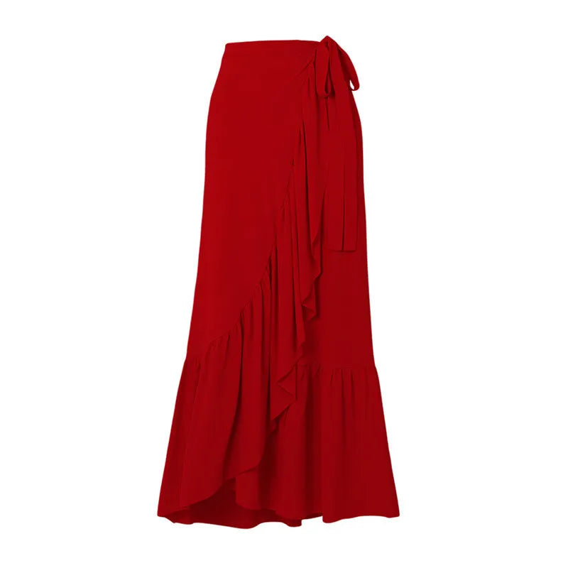 Red women's V-neck halter swimsuit with detachable matching skirt on mannequin