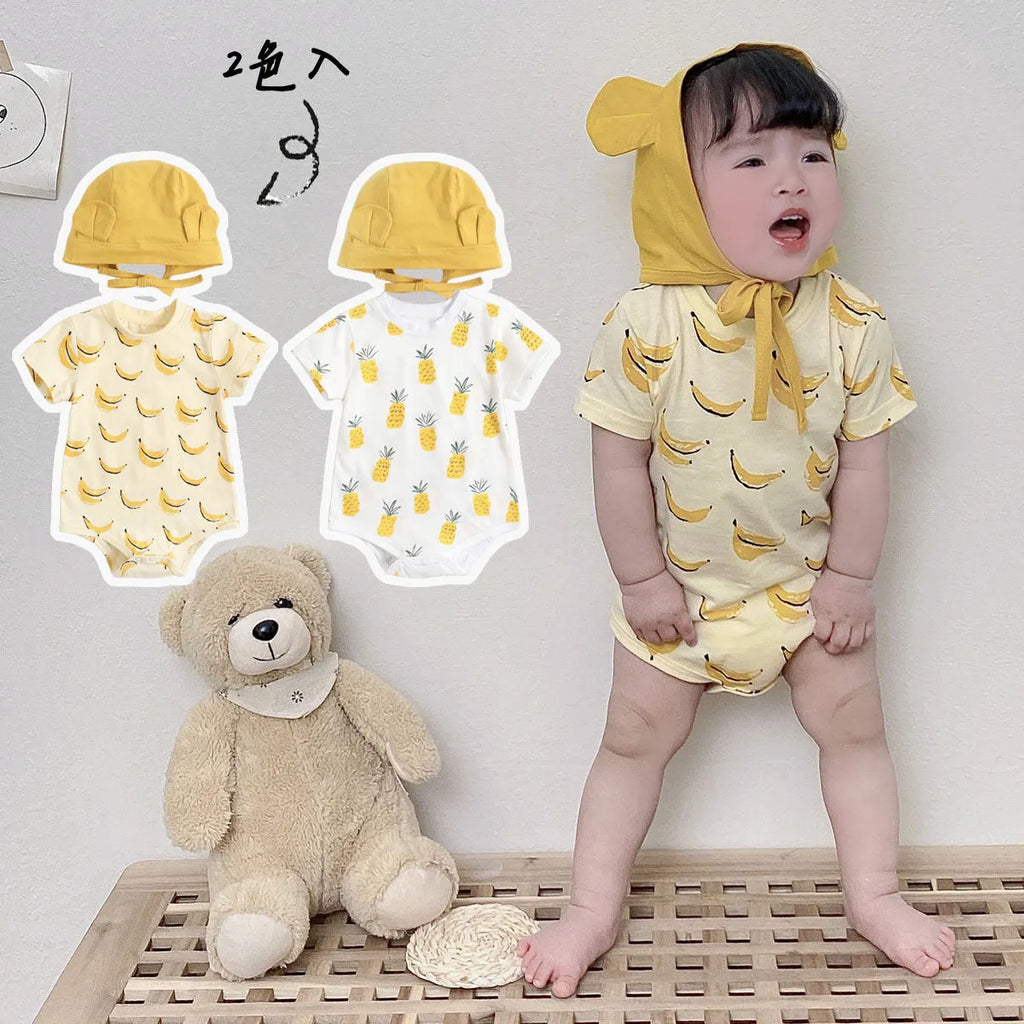 Pure cotton summer romper suit with matching hat in banana colour for baby