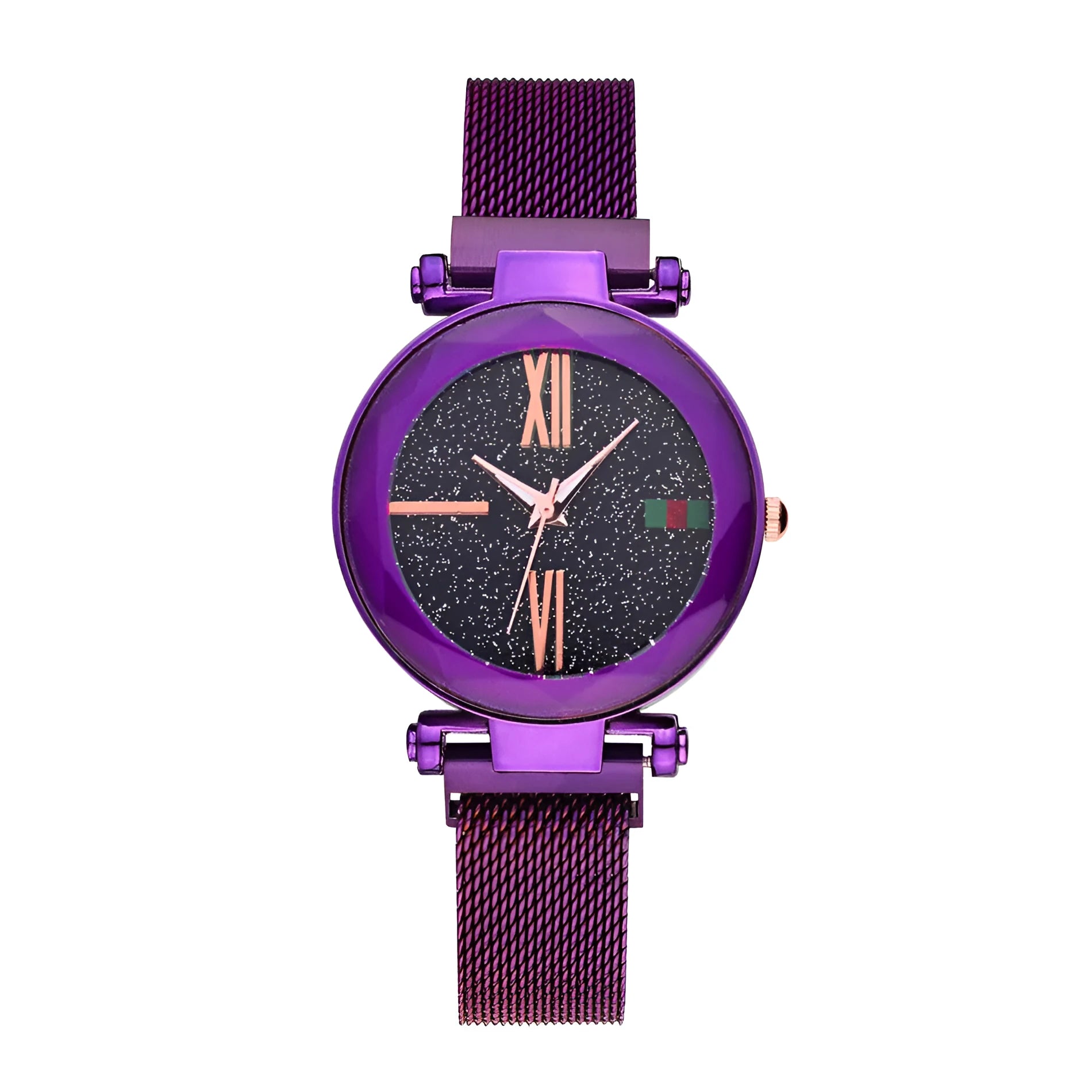 Ladies quartz wristwatch with round 32mm dial and stainless steel strap with magnetic buckle, shown in rose gold colour.