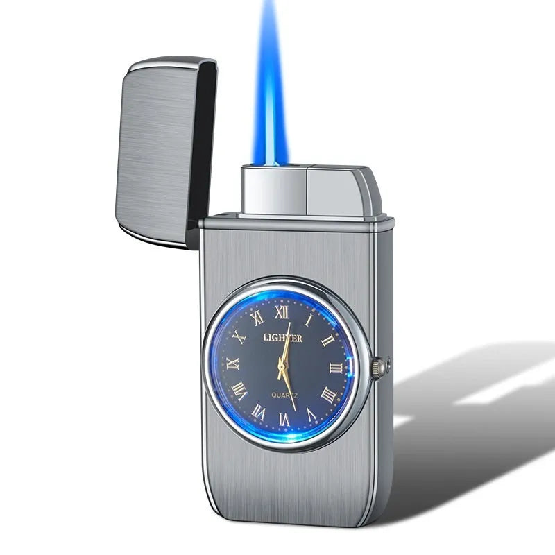 Multifunctional electronic watch cigarette lighter with LED lamp in metal body showing different finish options