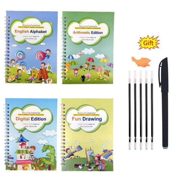 Magic calligraphy copybook set for children with stylus pen and refills, showing square slot design.
