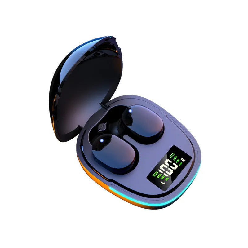 Black true wireless Bluetooth in-ear headphones with a charging case on a white background